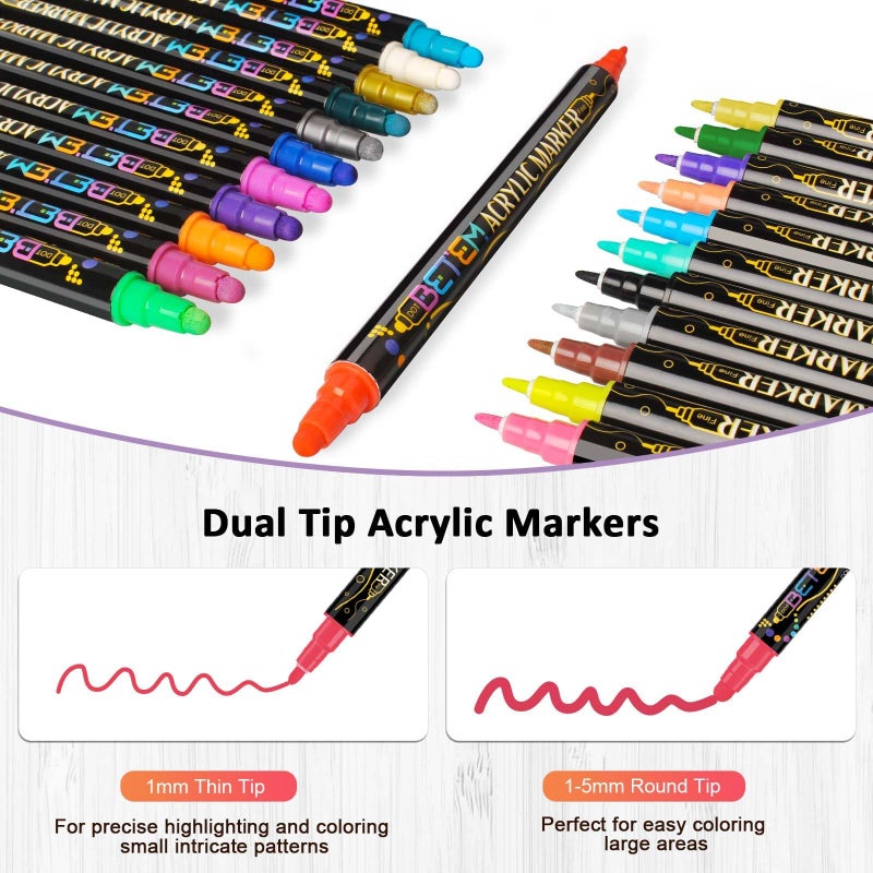 Betem 36 Colors Dual Tip Acrylic Paint Pens Markers, Fabric Decorating Kits Premium Water-Based Acrylic Paint Markers for Fabric, Rock, Wood, Glass, Eggs, Canvas, Ceramic, Easter Basket Stuffers - Image 3