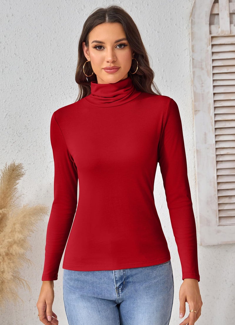 ACIEMR Women's Turtleneck Long Sleeve Tops - Slim Fit Stretch Shirts, Thermal Turtle Neck Tees for Work, Casual & Travel Outfits 2025 Red XX-Large - Image 4