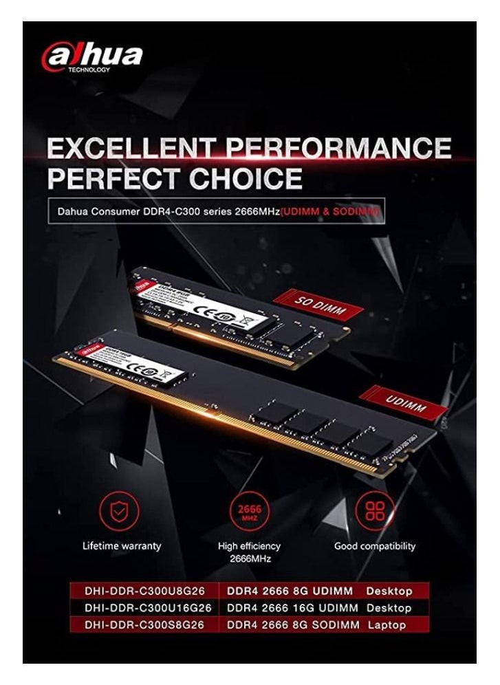 Dahua - DAHUA C300 Series 8GB RAM DDR4 3200MHz CL22-22-22-51 1.2v Memory Module for Laptops DHI-DDR-C300S8G32 - Image 1