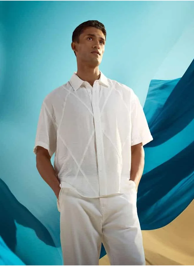 ايكونيك Iconic Panelled Regular Fit Shirt with Short Sleeves