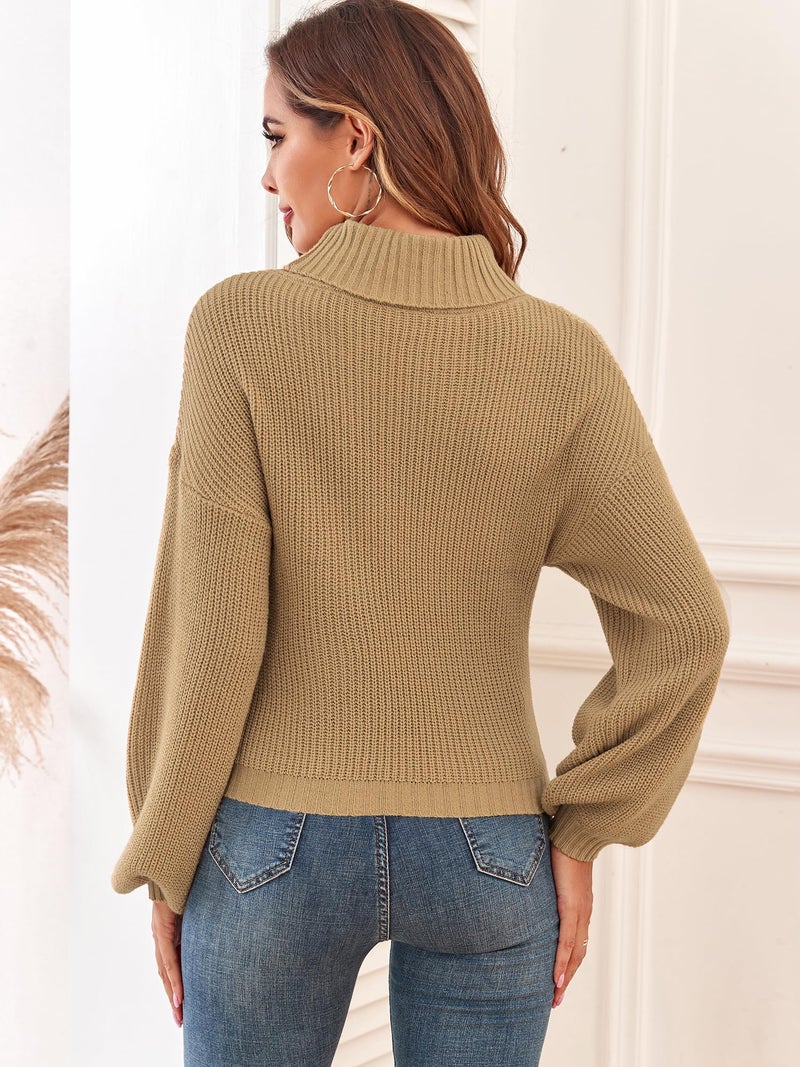 ZAFUL Women's Cropped Turtleneck Sweater Lantern Sleeve Ribbed Knit Pullover Sweater Jumper (2-Tan, S) - Image 4