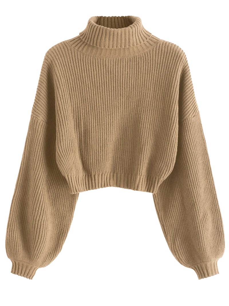 ZAFUL Women's Cropped Turtleneck Sweater Lantern Sleeve Ribbed Knit Pullover Sweater Jumper (2-Tan, S) - Image 1