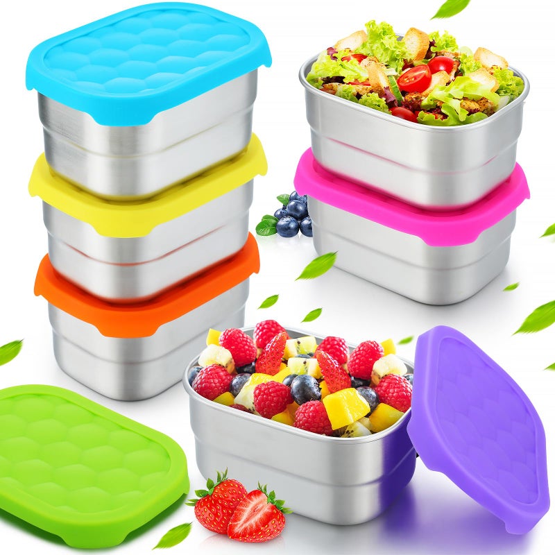 Layhit 6 Pcs Stainless Steel Snack Containers for Kids 8 oz Lunch Containers with Silicone Lids Small Reusable Metal Food Box for Child Daycare School Home Storage SuppliesVivid Color
