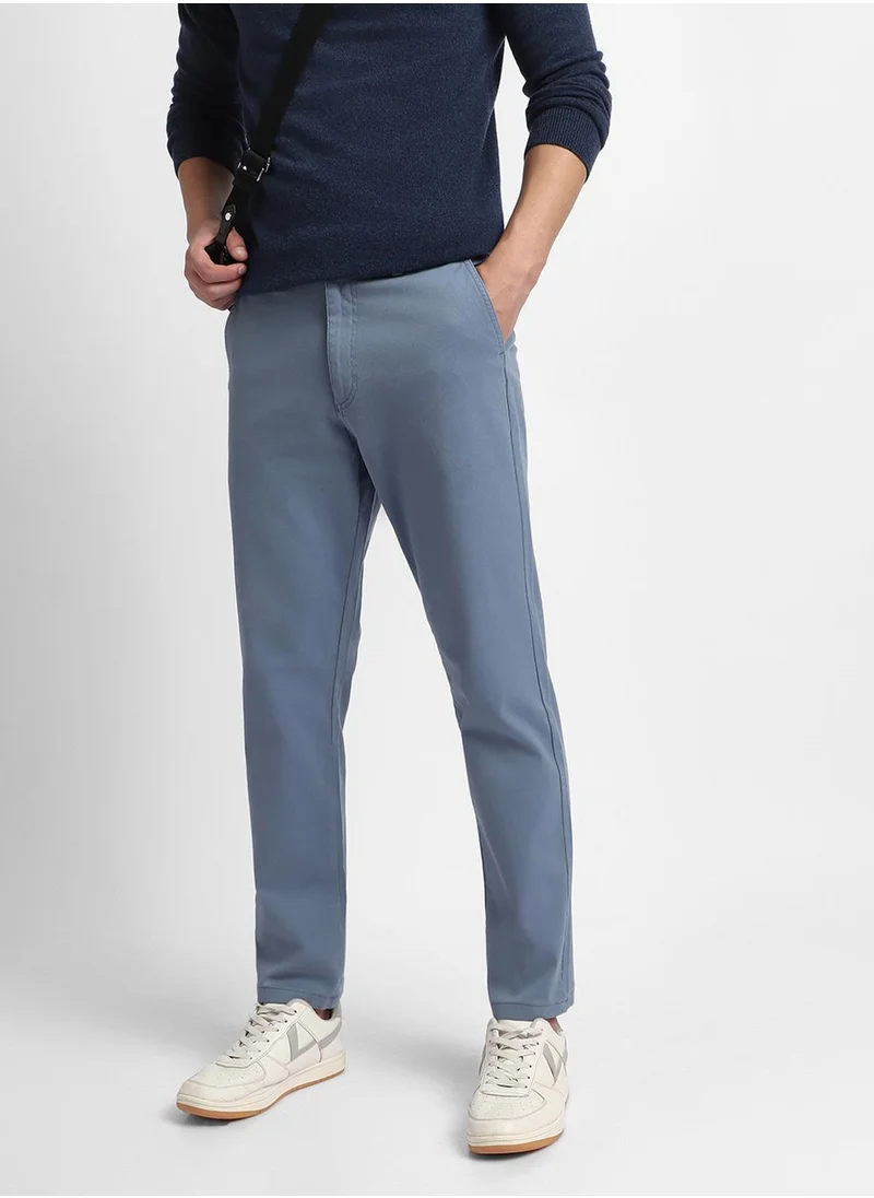 دينيس لينغو Men's Steel Blue Cotton Blend Solid Full Length Chinos Tapered Fit Trouser