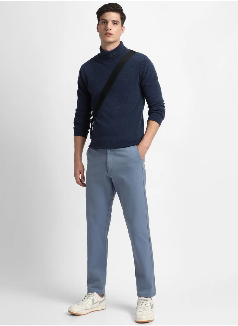 دينيس لينغو Men's Steel Blue Cotton Blend Solid Full Length Chinos Tapered Fit Trouser
