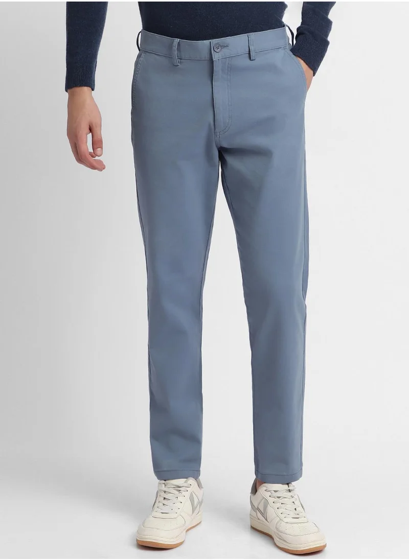 Dennis Lingo Men's Steel Blue Cotton Blend Solid Full Length Chinos Tapered Fit Trouser