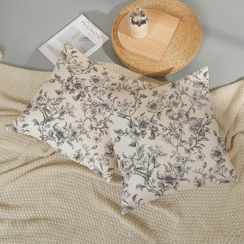 GOLIANDA Black and Cream Pillow Covers 18x18 Set of 2 Vintage Floral Chinoiserie Throw Pillows Rustic Toile Flower Decorative Pillow Cases Outdoor Chinoiserie Decor Linen Cushion Case for Couch Sofa - Image 5