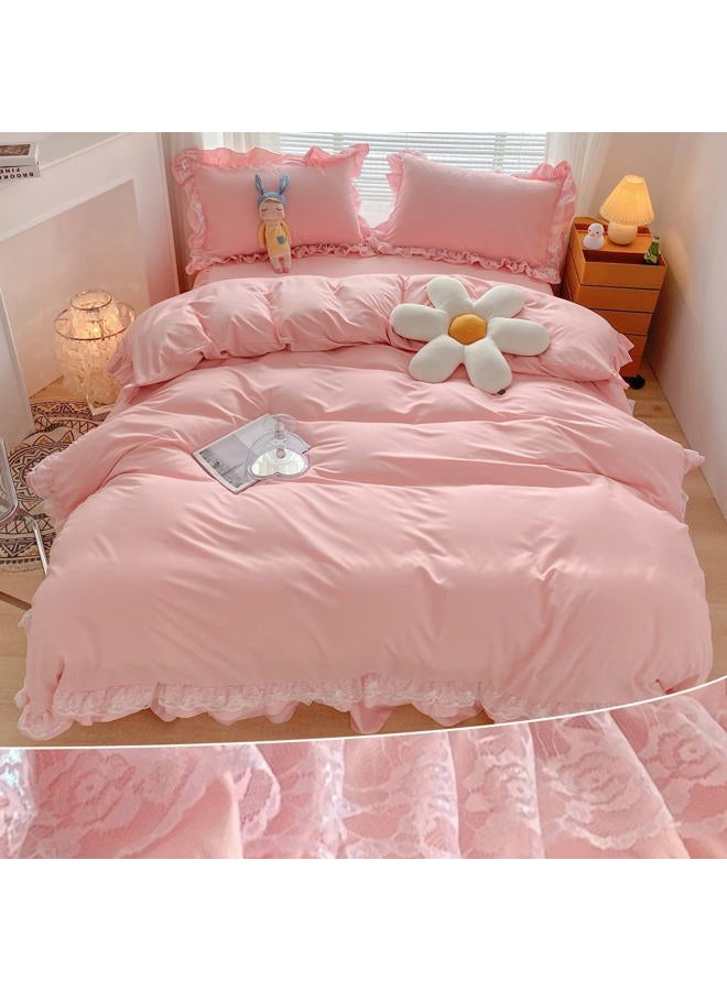 MOOWOO Chic Ruffle Lace Polyester Duvet Cover Set -Girl Pink Bedding-3 Piece Full Duvet Cover with Zipper Closure -Ultra Soft and Light Weight (Pink, Full) - Image 1
