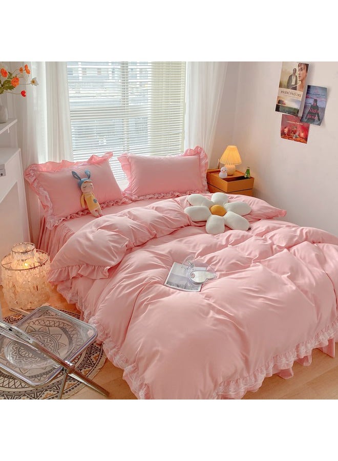 MOOWOO Chic Ruffle Lace Polyester Duvet Cover Set -Girl Pink Bedding-3 Piece Full Duvet Cover with Zipper Closure -Ultra Soft and Light Weight (Pink, Full) - Image 2