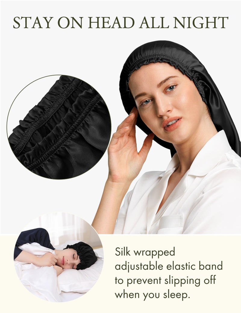 LilySilk غطاء رأس حرير ليلي سيلك طويل جداً للنساء، غطاء نوم ناعم قابل للتعديل للشعر المجدول، المجعد، والطويل - حزام مرن ناعم، أسود - Image 2