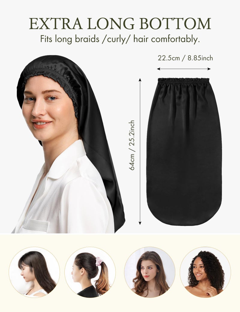LilySilk غطاء رأس حرير ليلي سيلك طويل جداً للنساء، غطاء نوم ناعم قابل للتعديل للشعر المجدول، المجعد، والطويل - حزام مرن ناعم، أسود - Image 3