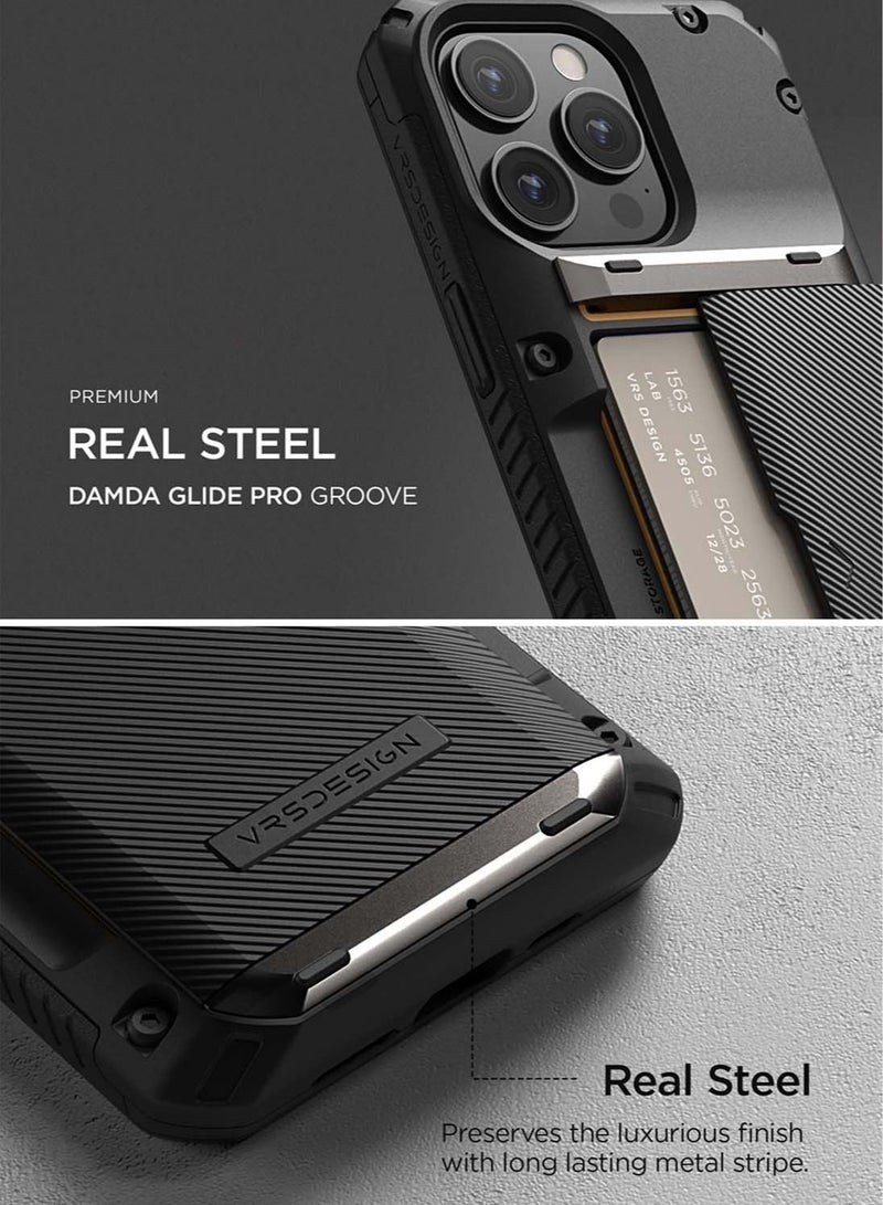 VRS Design Damda Glide Pro iPhone 14 Case Cover Wallet with Semi Automatic Credit Card Holder Slot (3-4 Cards) - Black Groove - Image 4
