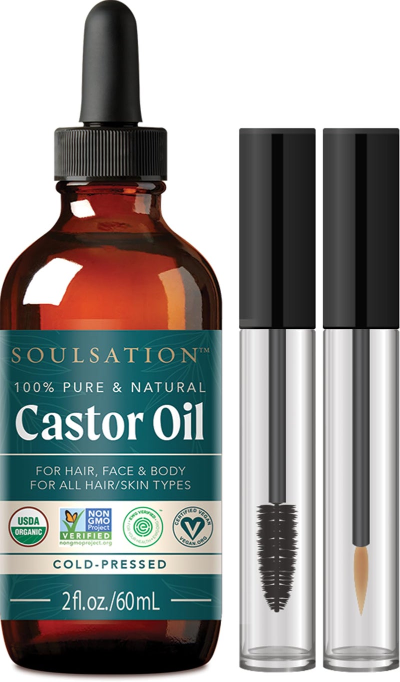 SOULSATION Organic Castor Oil for Eyelashes, Hair & Skin (2oz with Eyelash Kit) | 100% Pure, Natural Cold Pressed - Image 1