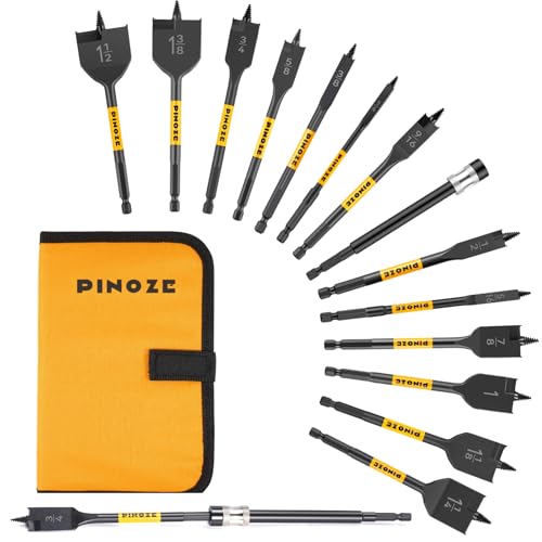 PINOZE 14-Piece Spade Drill Bit Sets with 6“ Quick-Load Extension, Paddle Flat Bit for Hole Cutter Woodworking, 1/4" to 1-1/2", Self-Feeding Threaded Tip, 1/4 inch Hex Shank, Storage Pouch Included - Image 1