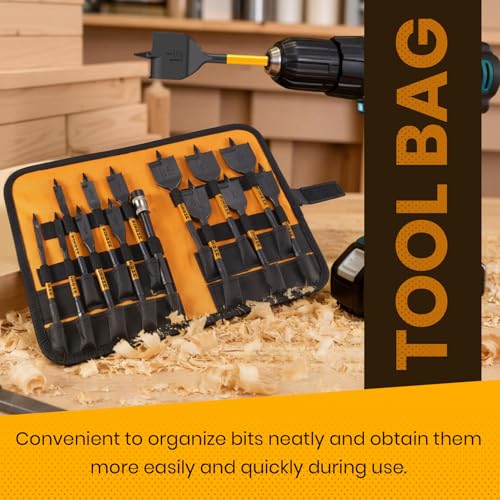 PINOZE 14-Piece Spade Drill Bit Sets with 6“ Quick-Load Extension, Paddle Flat Bit for Hole Cutter Woodworking, 1/4" to 1-1/2", Self-Feeding Threaded Tip, 1/4 inch Hex Shank, Storage Pouch Included - Image 5
