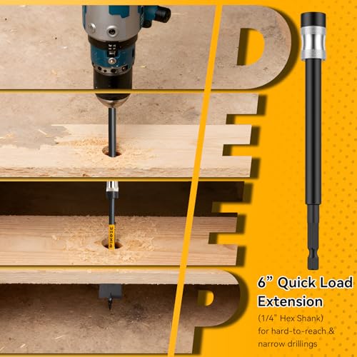 PINOZE 14-Piece Spade Drill Bit Sets with 6“ Quick-Load Extension, Paddle Flat Bit for Hole Cutter Woodworking, 1/4" to 1-1/2", Self-Feeding Threaded Tip, 1/4 inch Hex Shank, Storage Pouch Included - Image 4