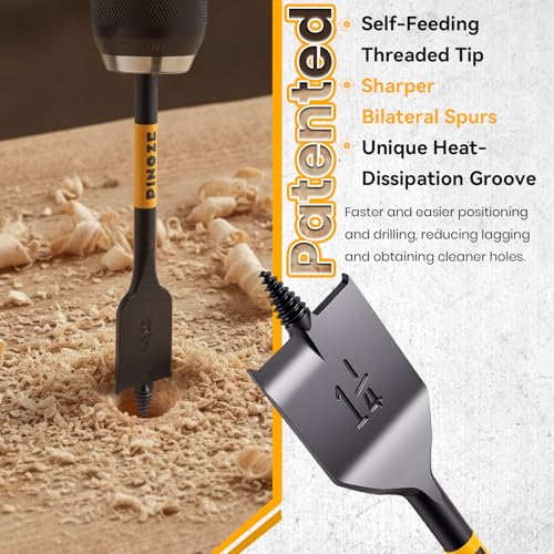 PINOZE 14-Piece Spade Drill Bit Sets with 6“ Quick-Load Extension, Paddle Flat Bit for Hole Cutter Woodworking, 1/4" to 1-1/2", Self-Feeding Threaded Tip, 1/4 inch Hex Shank, Storage Pouch Included - Image 2