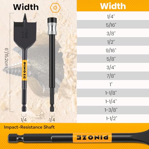 PINOZE 14-Piece Spade Drill Bit Sets with 6“ Quick-Load Extension, Paddle Flat Bit for Hole Cutter Woodworking, 1/4" to 1-1/2", Self-Feeding Threaded Tip, 1/4 inch Hex Shank, Storage Pouch Included - Image 3