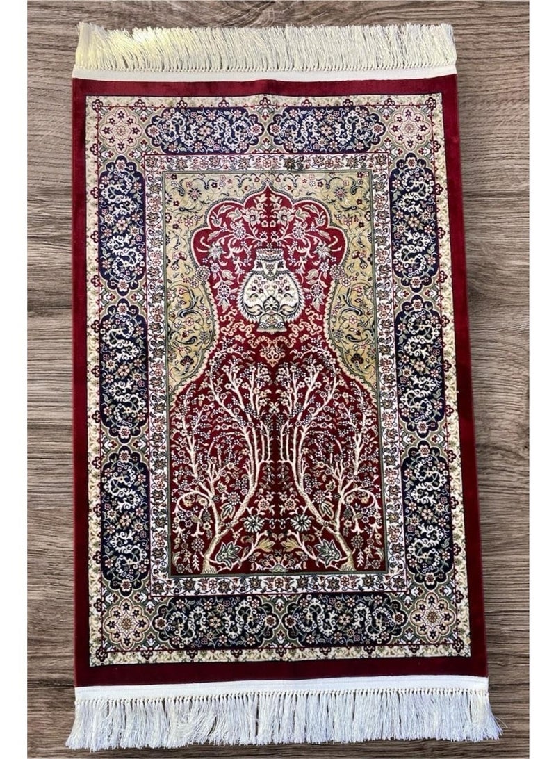 Luxury Turkish Prayer Mat, Original Silk Sajjada Salat Rug with Tassels, Red, 80x120cm - Image 4