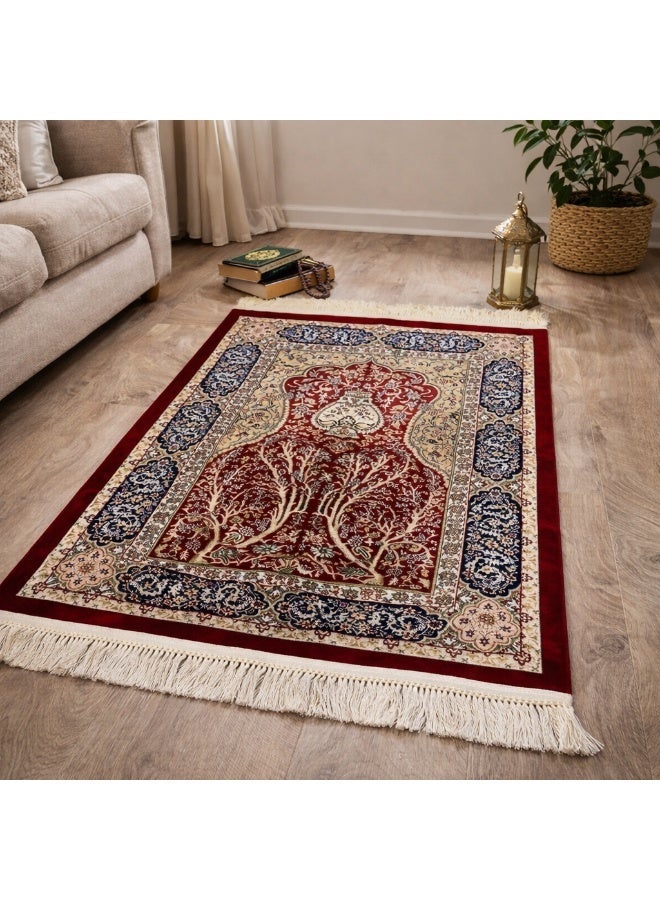 Luxury Turkish Prayer Mat, Original Silk Sajjada Salat Rug with Tassels, Red, 80x120cm - Image 1