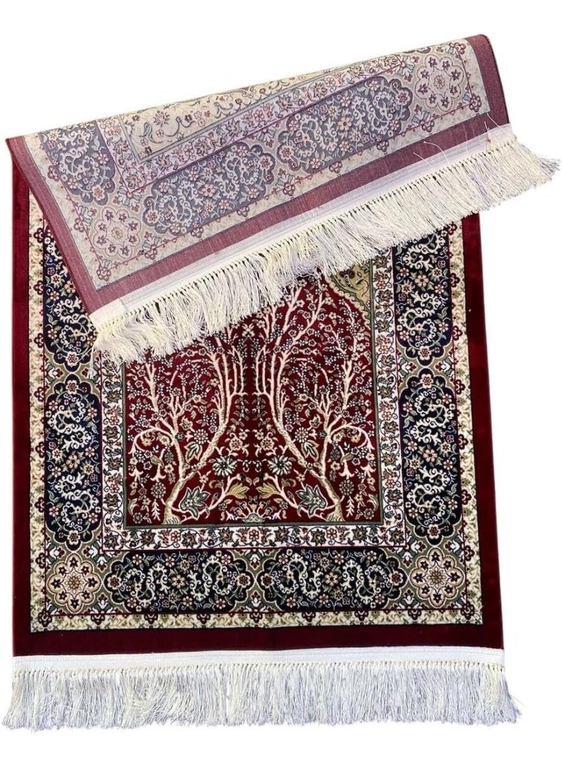 Luxury Turkish Prayer Mat, Original Silk Sajjada Salat Rug with Tassels, Red, 80x120cm - Image 2