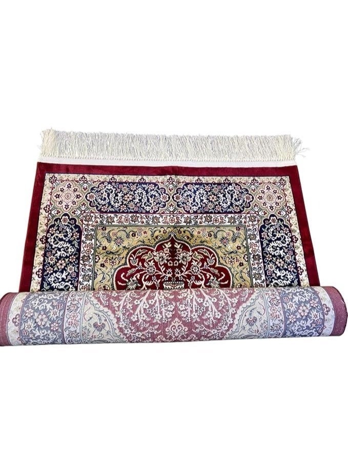 Luxury Turkish Prayer Mat, Original Silk Sajjada Salat Rug with Tassels, Red, 80x120cm - Image 3