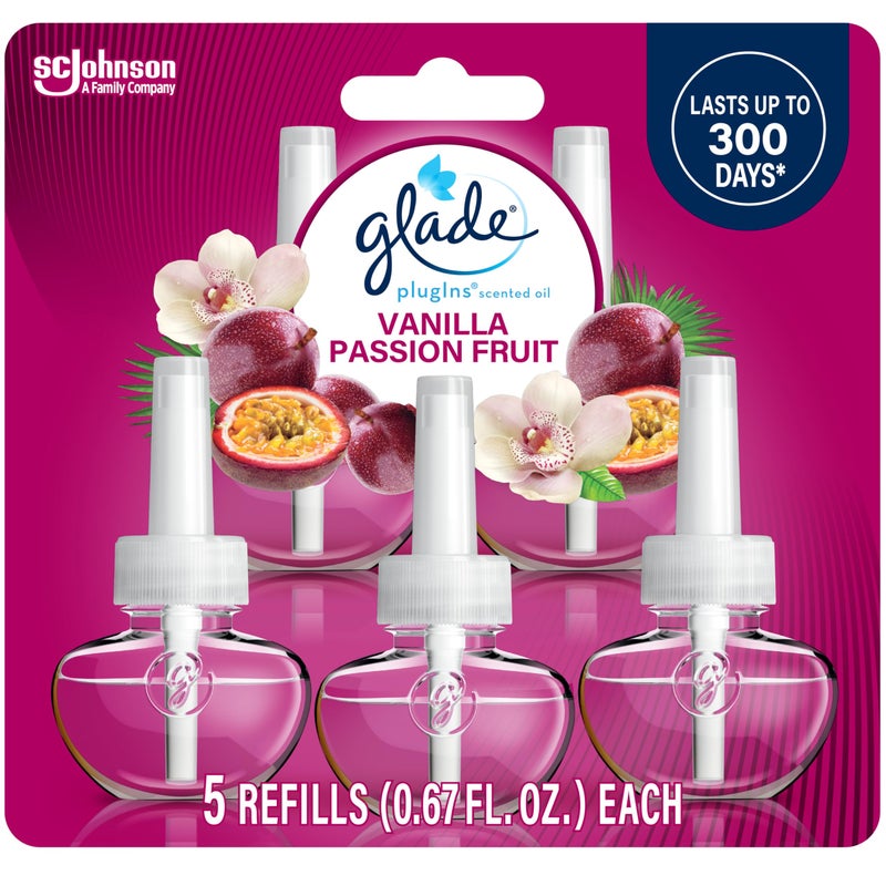 Glade PlugIns Refills Air Freshener Scented and Essential Oils for Home and Bathroom Vanilla Passion Fruit 335 Fl Oz 5 Count
