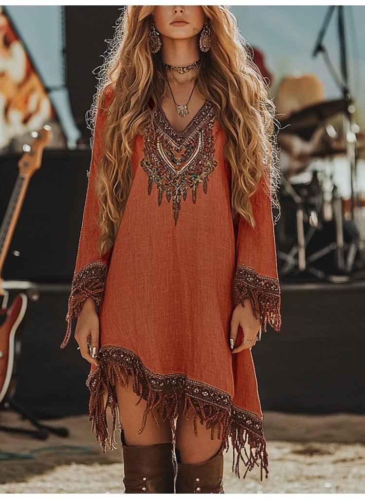 general 2025-2026 Women's Dress with Lace Edging and Loose Printed Pattern - Image 1