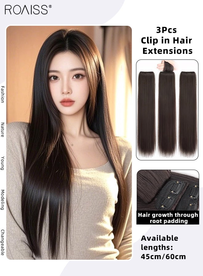 roaiss 3Pcs Clip in Hair Extensions, Thin and Seamless Invisible Adjustable Long Straight Synthetic Heat Resistant Hairpieces for Women Girls, Brown Black, 45cm/60cm - Image 1