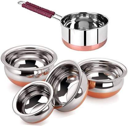 Liolis Stainless Steel & Copper Bottom Handi 4400ml & Copper Bottom Wire Handle Sauce Pan 1000ml