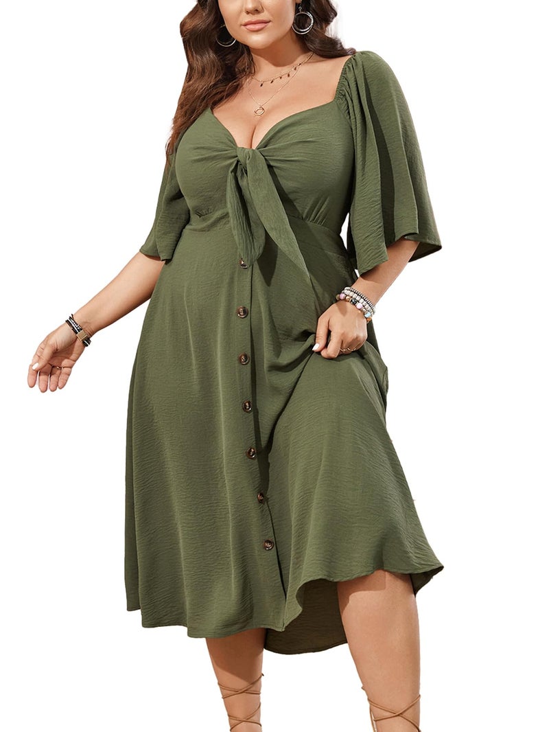 SCOMCHIC Plus Size Summer Dress Casual Short Sleeve Bow Tie Deep V Neck Smocked Button Down Midi Flowy A-line Boho Dresses Green - Image 1