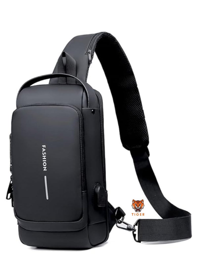 TIGER Waterproof Leather Crossbody Sling Bag with USB Charging Port for Men and Women – Versatile Shoulder Backpack for Travel and Hiking  - Image 1