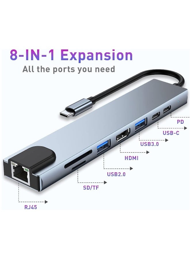DUSALA USB C Hub 8-in-1 Docking Station with 4K HDMI, 100W PD Charging, USB 3.0 Ports, Ethernet, SD/TF Card Reader – Multiport Adapter Compatible with MacBook Pro/Air, Dell, HP, Lenovo, iPad Pro, and More - Image 2