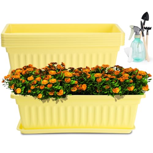 HOXHA 6 Pack Window Box Planter, 17 Inches Vegetable Flower Plastic Planter Boxes with Tray, Rectangular Planter Indoor and Outdoor Flower Pots for Windowsill, Patio, Porch, Garden Balcony, Yellow - Image 1