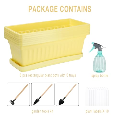 HOXHA 6 Pack Window Box Planter, 17 Inches Vegetable Flower Plastic Planter Boxes with Tray, Rectangular Planter Indoor and Outdoor Flower Pots for Windowsill, Patio, Porch, Garden Balcony, Yellow - Image 2