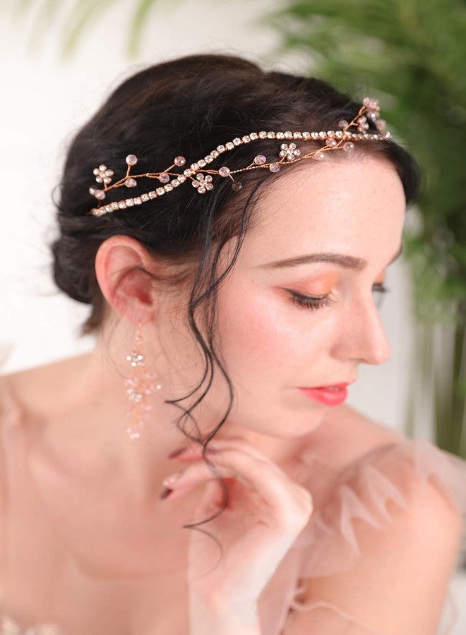 Fxmimior Bridal Rose Gold Headpiece Bridal Rhinestone Hair Vine Pink Crystal Hair Accessories Flower Hair Jewelry for Women Rose Gold Wedding Tiara And Crowns(Headband) - Image 2