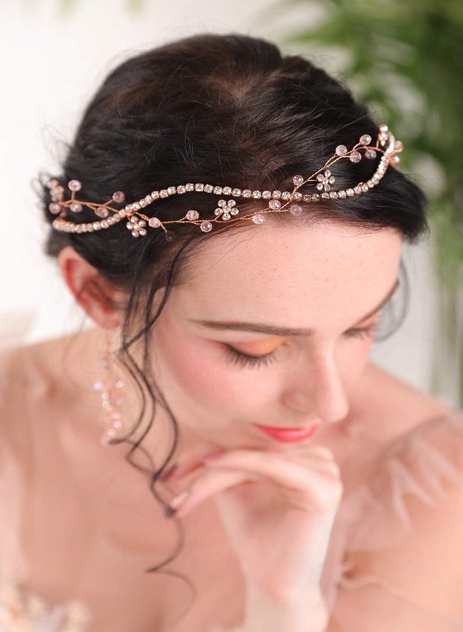 Fxmimior Bridal Rose Gold Headpiece Bridal Rhinestone Hair Vine Pink Crystal Hair Accessories Flower Hair Jewelry for Women Rose Gold Wedding Tiara And Crowns(Headband) - Image 4