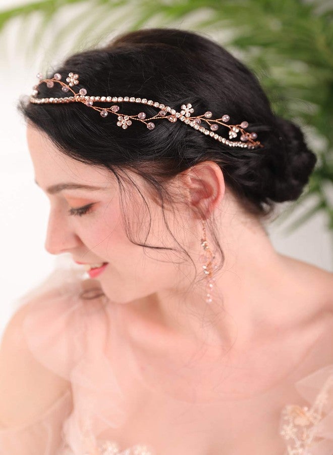Fxmimior Bridal Rose Gold Headpiece Bridal Rhinestone Hair Vine Pink Crystal Hair Accessories Flower Hair Jewelry for Women Rose Gold Wedding Tiara And Crowns(Headband) - Image 3