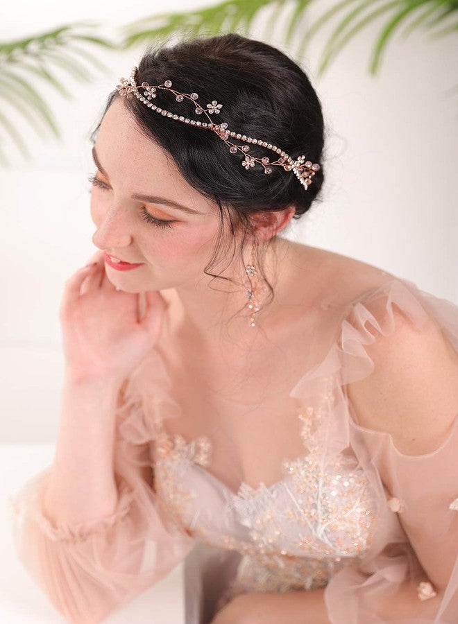 Fxmimior Bridal Rose Gold Headpiece Bridal Rhinestone Hair Vine Pink Crystal Hair Accessories Flower Hair Jewelry for Women Rose Gold Wedding Tiara And Crowns(Headband) - Image 5