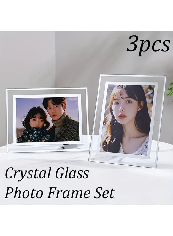 3pcs Crystal Glass Photo Frame Set 7 Inch Silver Trim Home Office Decor - Image 1