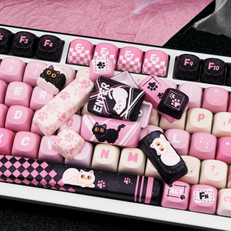 COOMICKEY MOA Profile PBT Keycaps 134 Key PBT Dye-Sublimation Keycaps with Black & Pink Cute Cat Custom Keycap Set for Cherry Gateron MX Swithes Mechanical Keyboards - Image 3