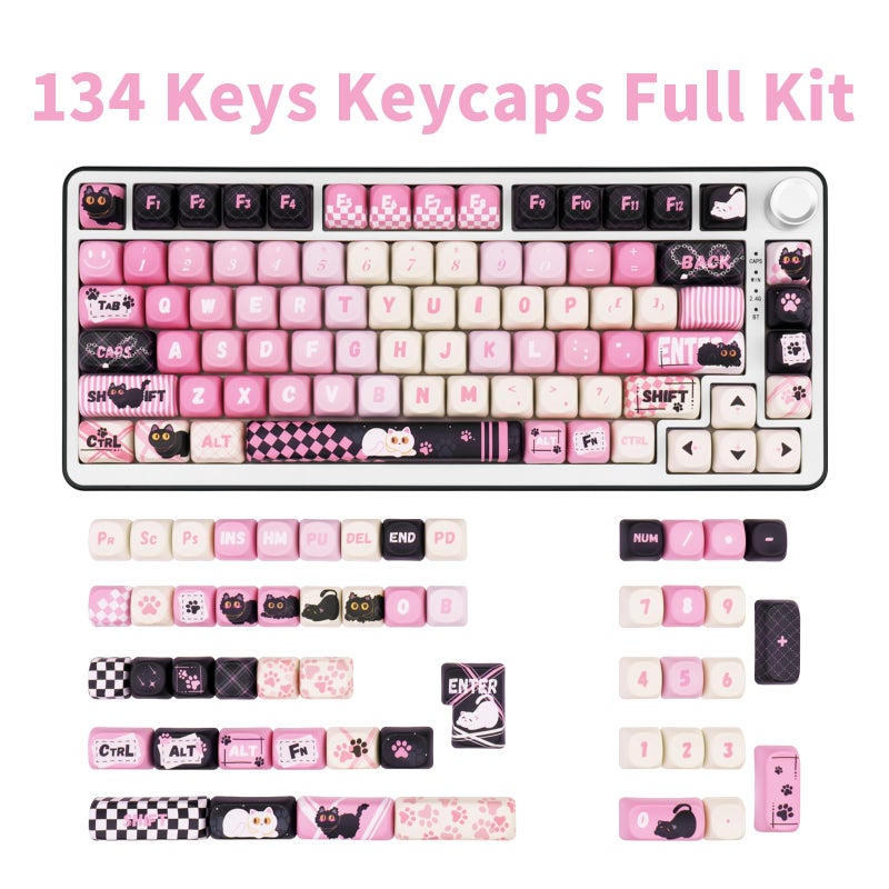 COOMICKEY MOA Profile PBT Keycaps 134 Key PBT Dye-Sublimation Keycaps with Black & Pink Cute Cat Custom Keycap Set for Cherry Gateron MX Swithes Mechanical Keyboards - Image 2
