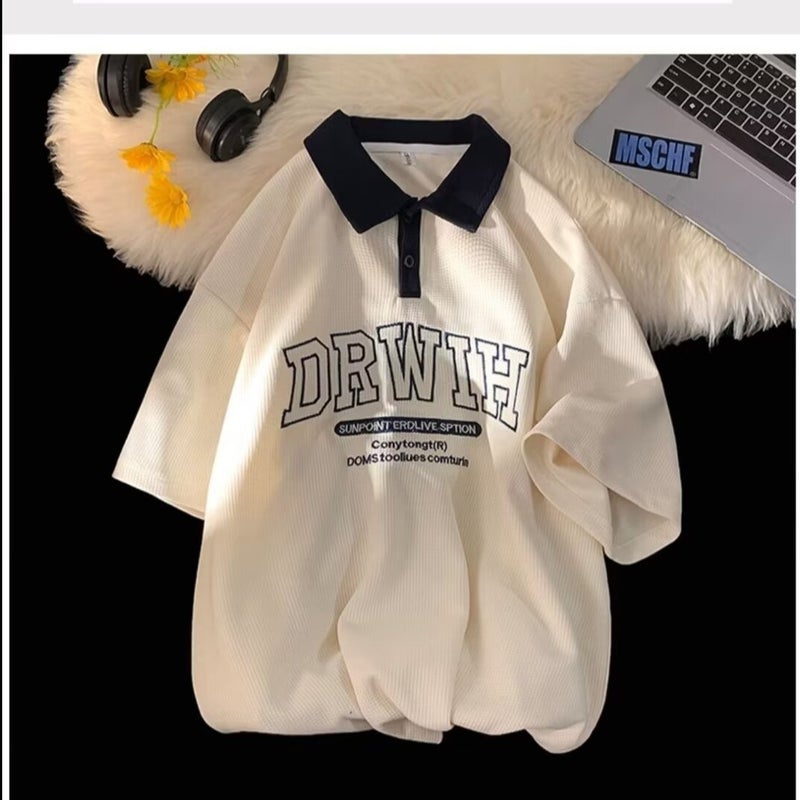 American Style Retro T-Shirt Men'S New Arrival 2024 Summer Couples Polo Collar Short Sleeve T-Shirt Loose Unique Design Top - Image 1