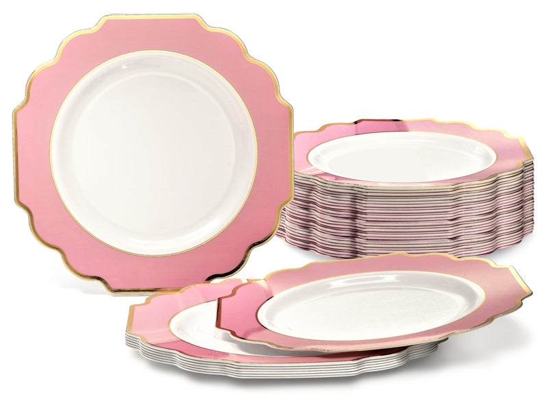 OCCASIONS FINEST PLA "" OCCASIONS "" 40 Plates Pack  Heavyweight Disposable Wedding Party Plastic Plates (6.5'' Cake/Dessert Plate  Imperial White/Light Pink & Gold) - Image 1