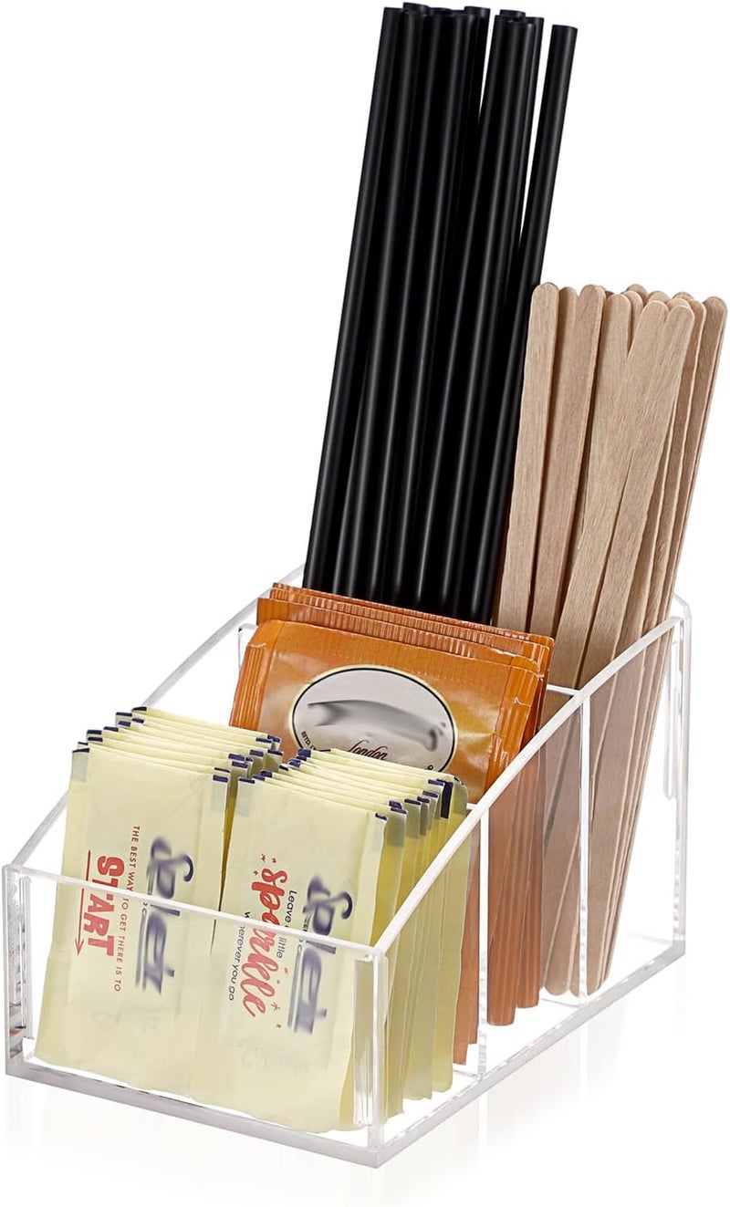 ELLDOO 3-Section Sugar Packet Holder, Clear Acrylic Sugar Bowl for Restaurant, Tea Bag Organizer, Small Condiments Packet Holder Sugar Caddy Dispenser for Countertop Coffee Bar - Image 1