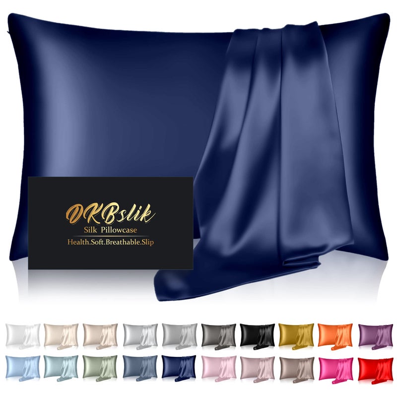 DKBslik Silk Pillowcase for Hair and Skin  Mulberry Silk Pillow Cases King Size  Anti Acne Cooling Sleep Both Sides Natural Silk Satin Pillow Case Covers with Hidden Zipper  Gifts for Women Men  Navy Blue - Image 1