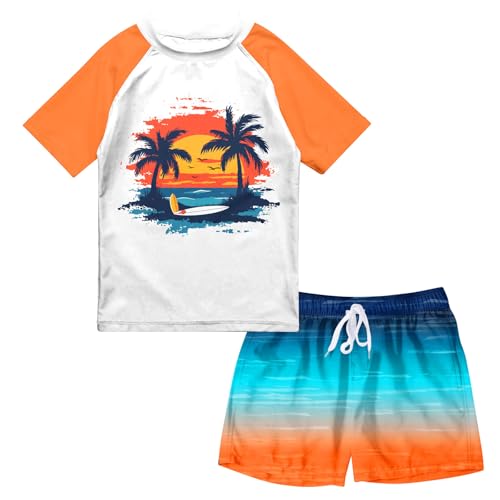 SunFocus Bathing Suits Boys Size 8 Orange Swimsuit 2 Piece Boys Swim Trunks with Rash Guard Short Sleeve Swim Sets Trunks with Liner - Image 1
