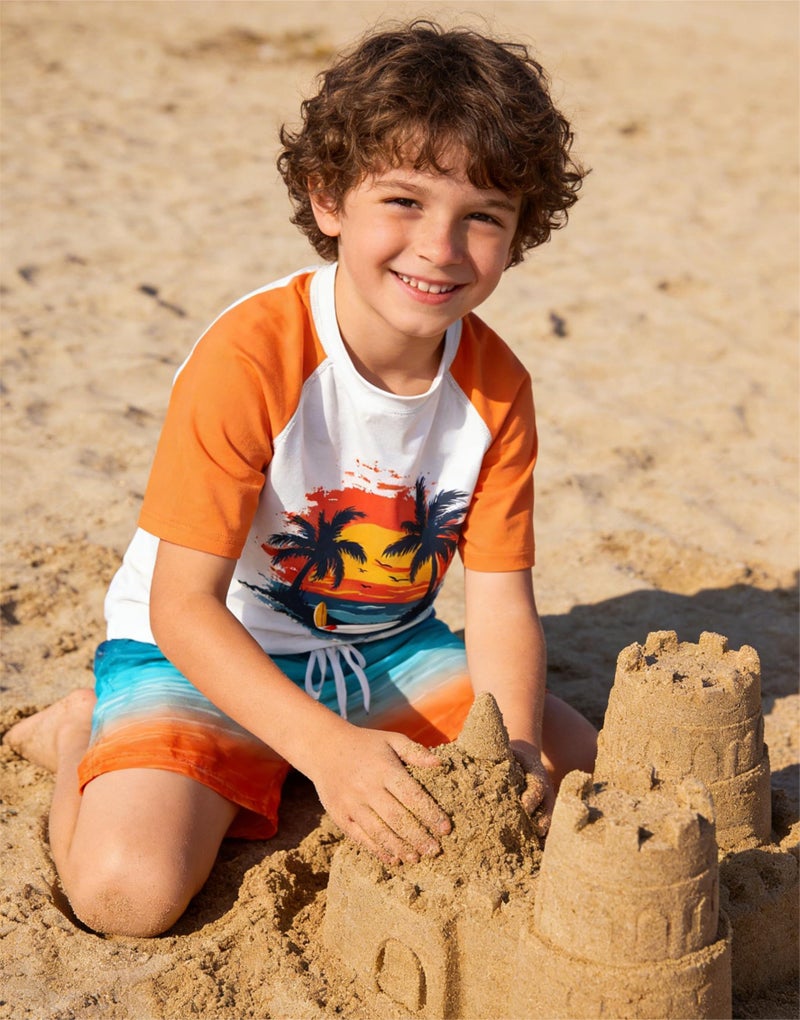 SunFocus Bathing Suits Boys Size 8 Orange Swimsuit 2 Piece Boys Swim Trunks with Rash Guard Short Sleeve Swim Sets Trunks with Liner - Image 2