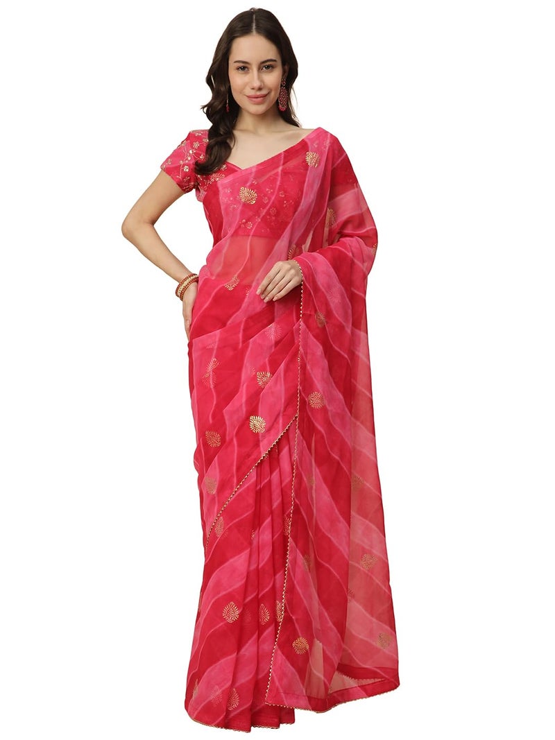 RATAN Women's Shimmer Georgette Leheriya Printed Saree with Embroidered Blouse Piece (GLL-BP-21889_Rani Pink) - Image 1