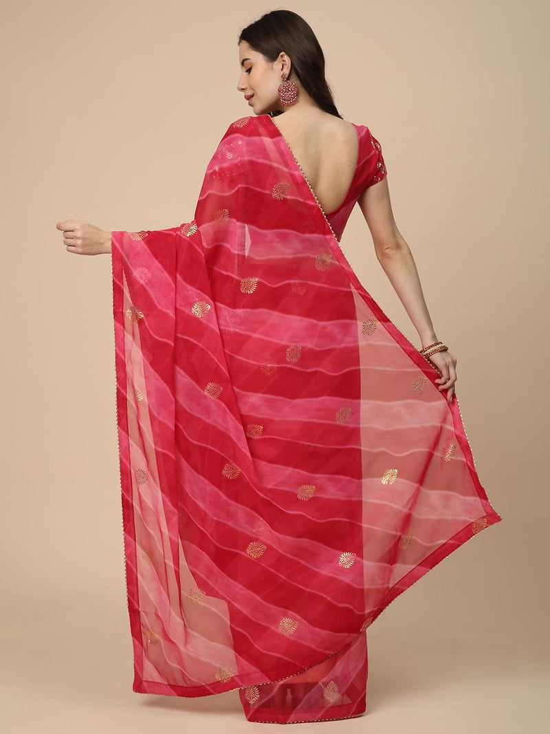 RATAN Women's Shimmer Georgette Leheriya Printed Saree with Embroidered Blouse Piece (GLL-BP-21889_Rani Pink) - Image 2